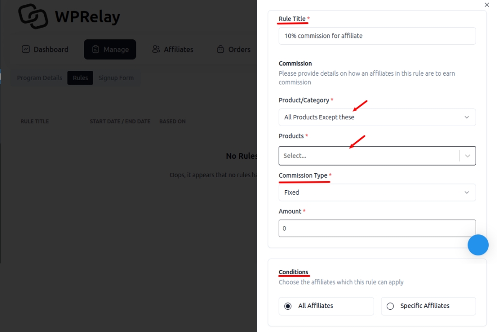 Setting affiliate marketing commission rate for all products except a few using WPrelay